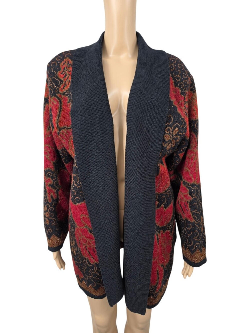 Lilly Of California Vintage Red and Black Open Front Longline Sweater Cardigan
